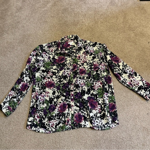 J Jill Shirt Women's Large White Black Purple Floral Button Up Top Colorful - Picture 2 of 5